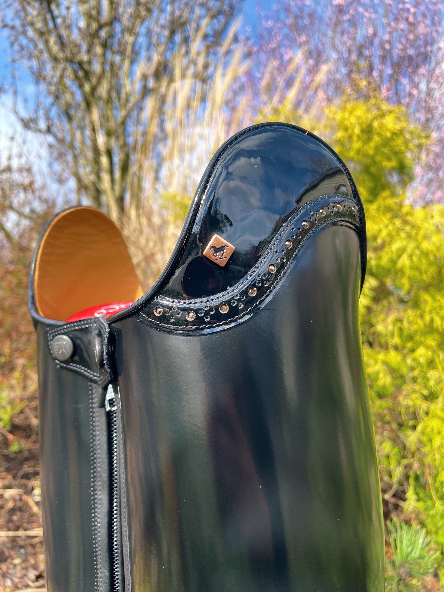 Custom DeNiro Bellini Dressage Boot - Brushed Black with Patent Uptop & Rose Gold