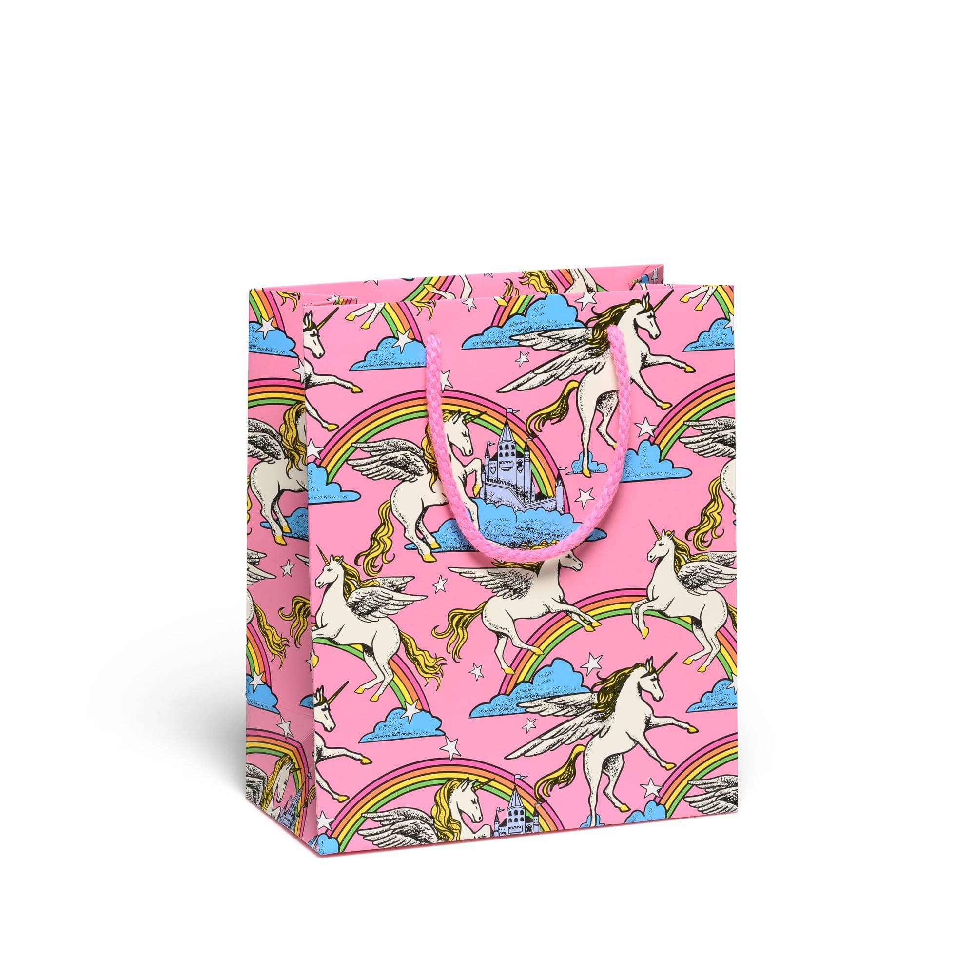 Gift bag with unicorn and rainbow pattern on a pink background