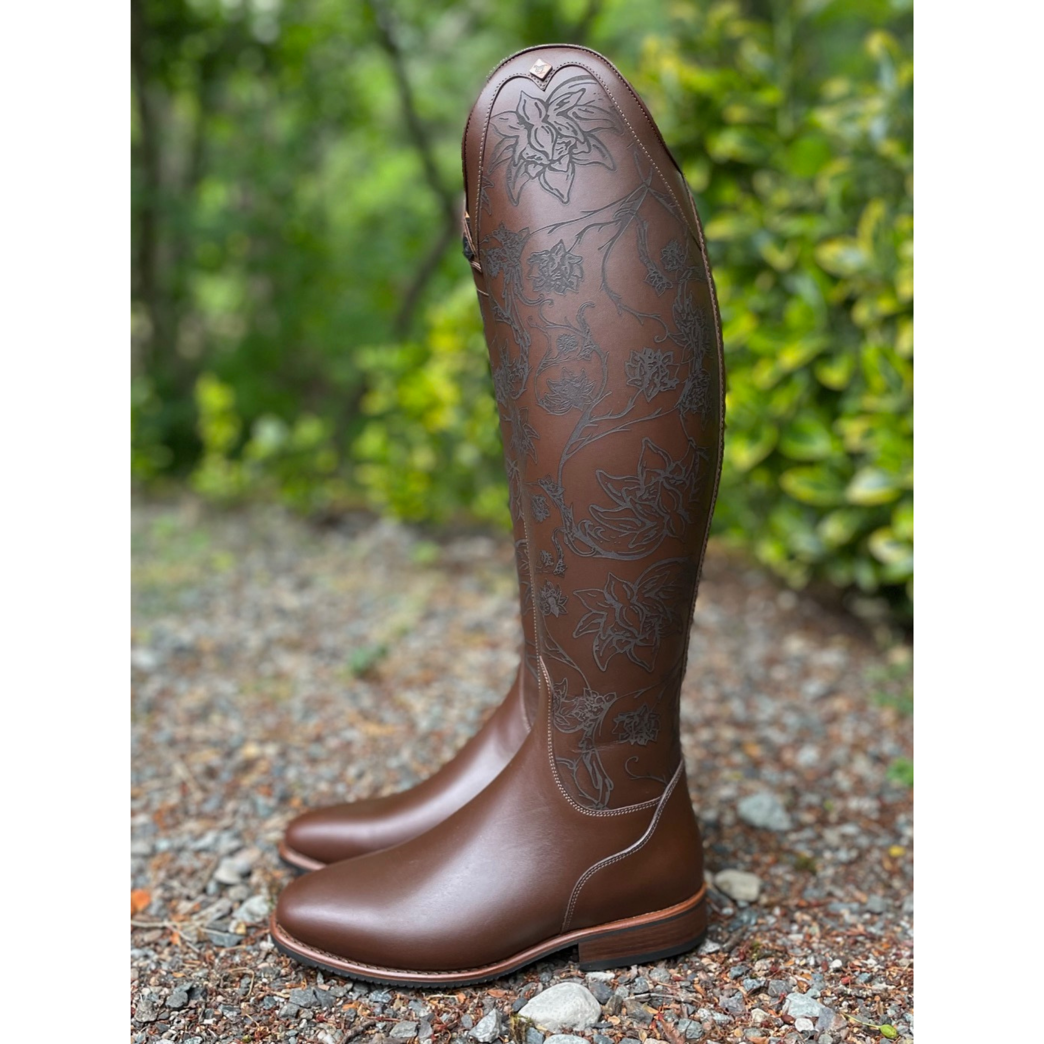 DeNiro Bellini Dressage Boot - WRAT Brown 527 with Floral Etched Calf & Corten Emblem