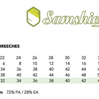 Size chart for women's breeches by Samshield headwear with size measurements in various units.