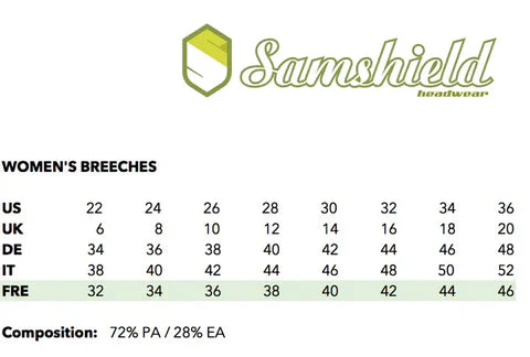 Size chart for women's breeches by Samshield headwear with size measurements in various units.