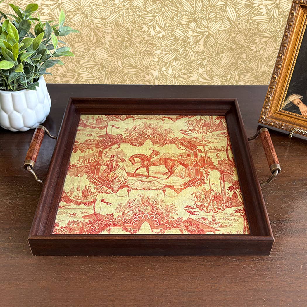 Vintage Style Red Toile Equestrian Fabric Print Wood Tray