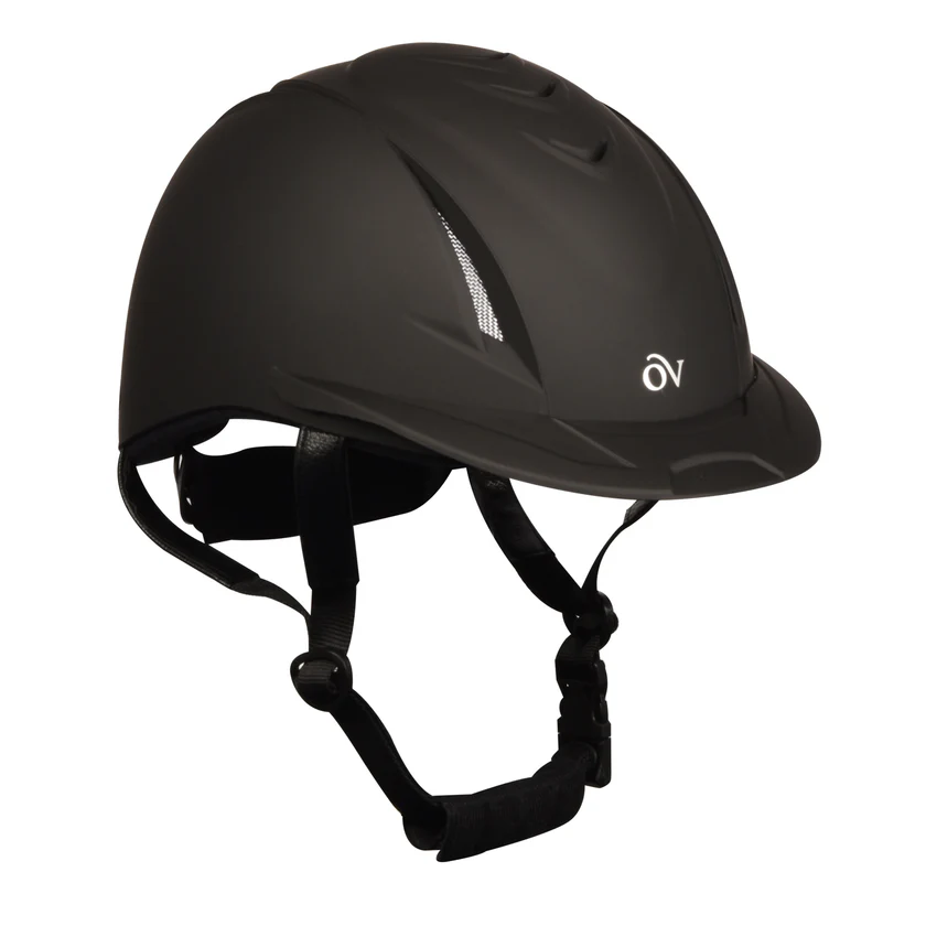 Black riding helmet with a visible brand logo on a white background