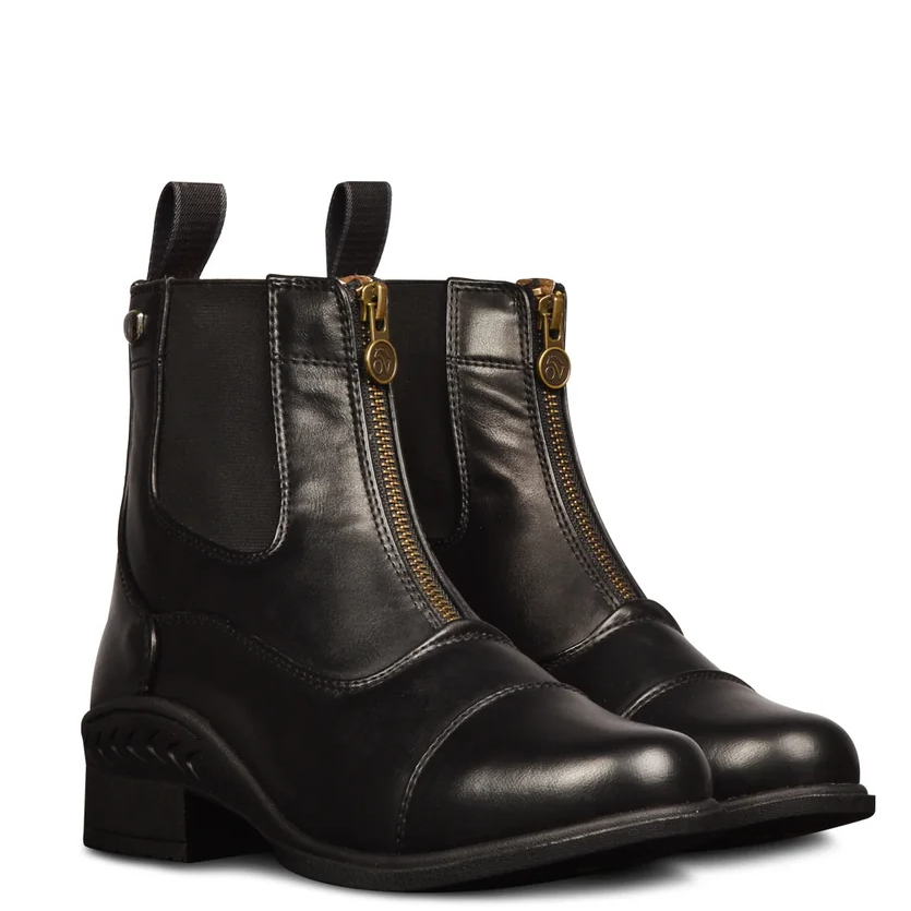 Pair of black leather boots with zipper details on a white background