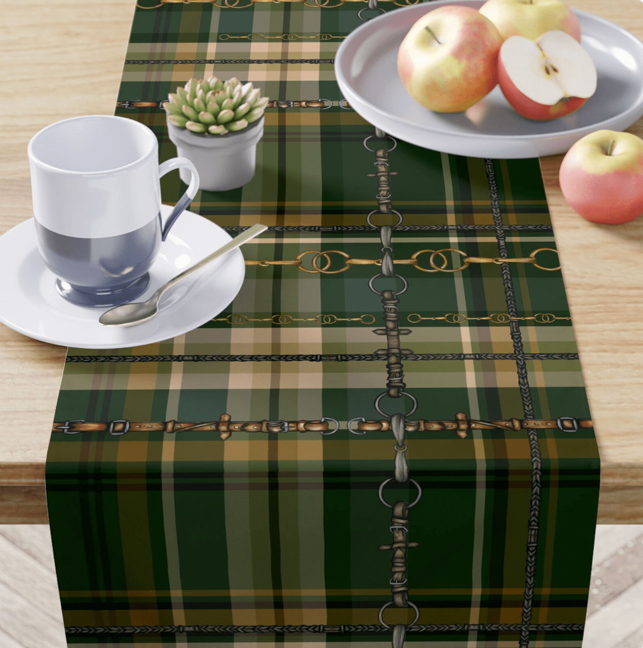 Hunter Green Plaid Bit & Rein Motif Equestian Table Runner