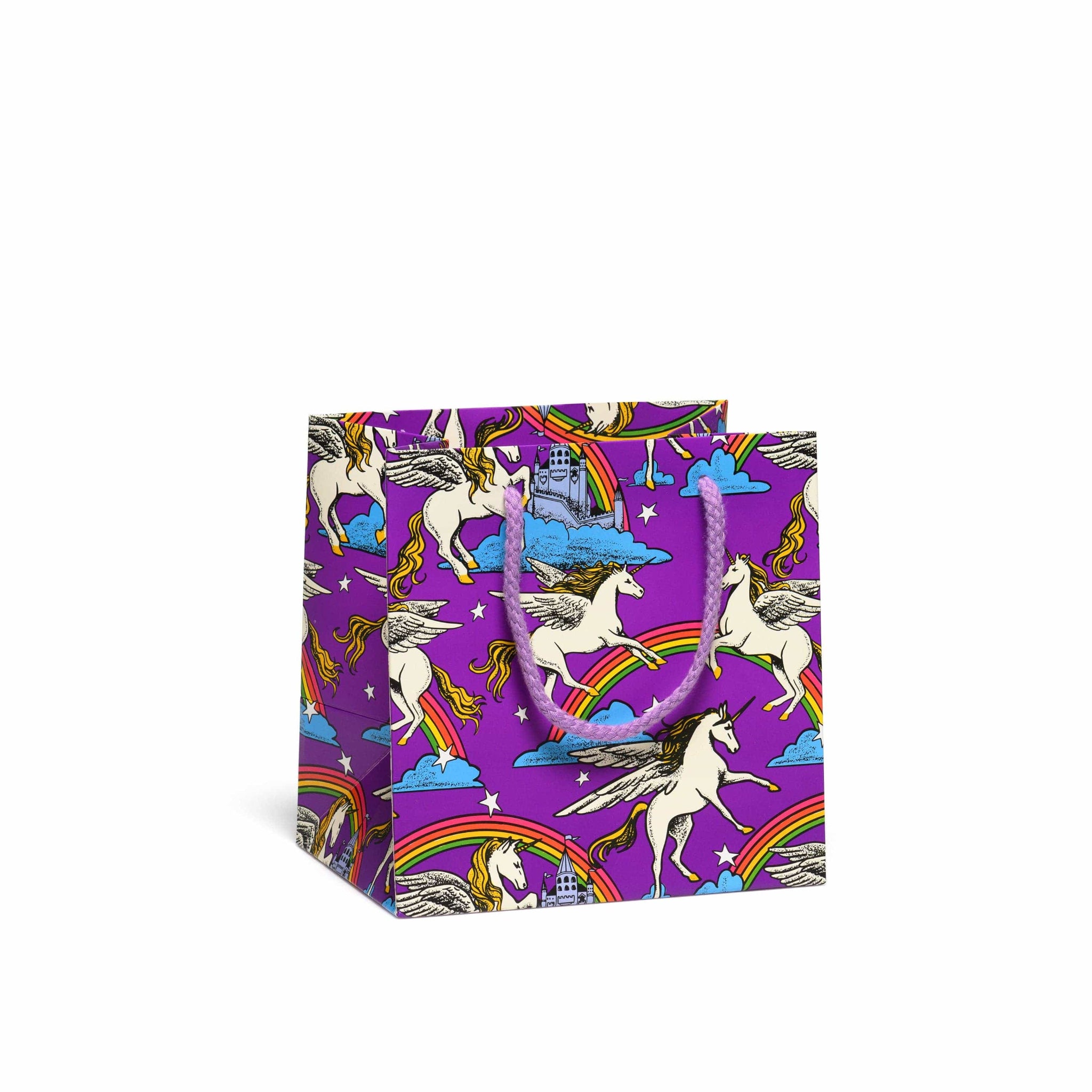 Gift bag with unicorn and rainbow pattern on a white background