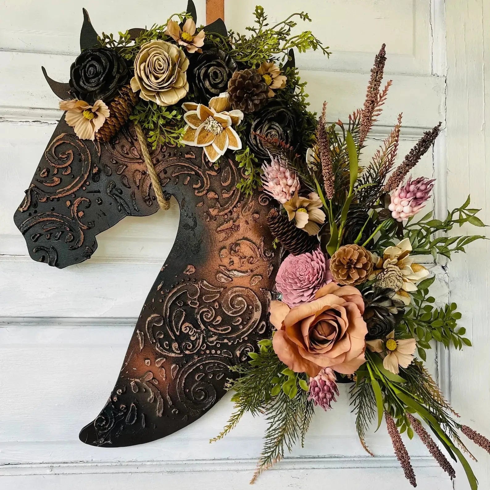 Wood Flower Horse Head Wreath