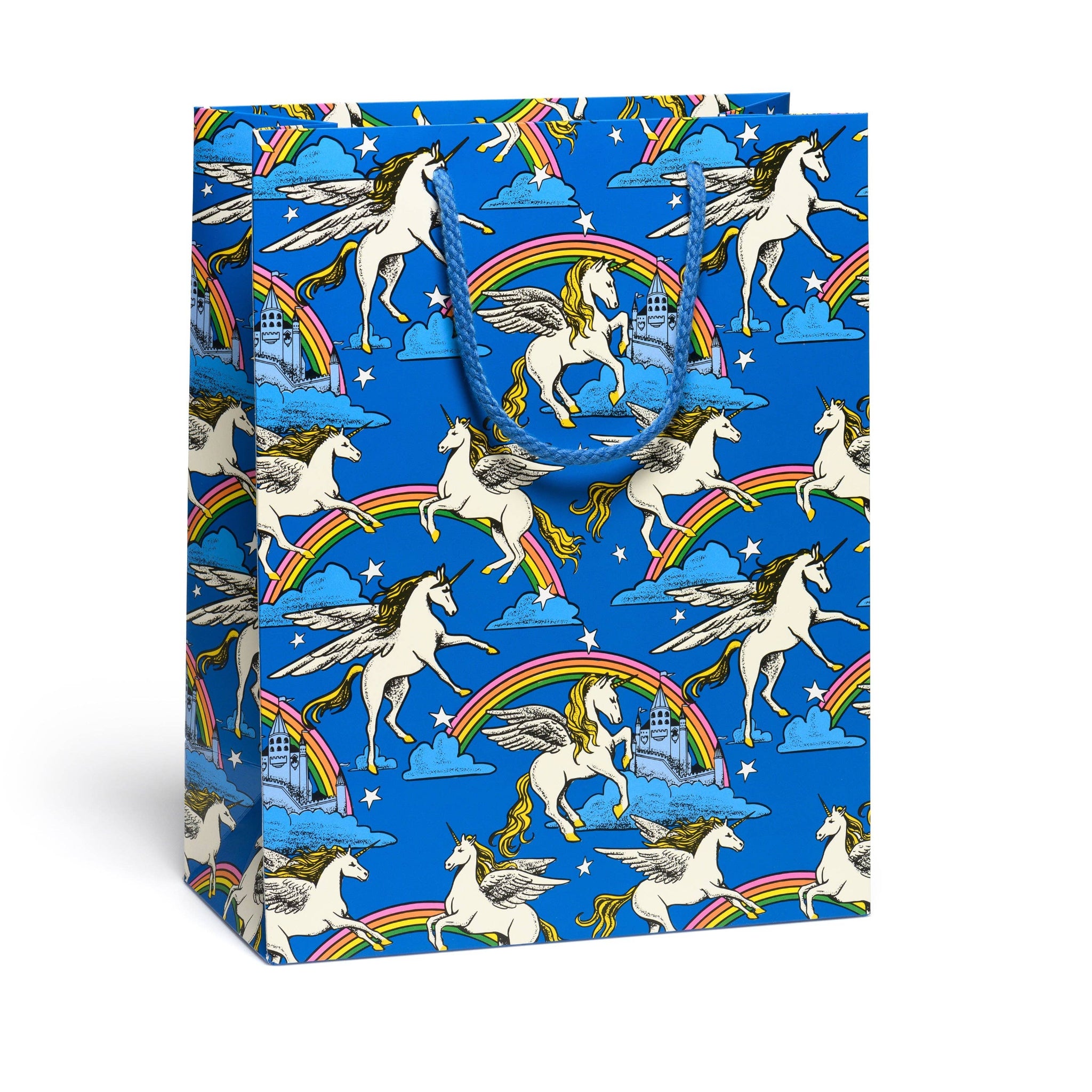 Gift bag with unicorn and rainbow pattern on a blue background