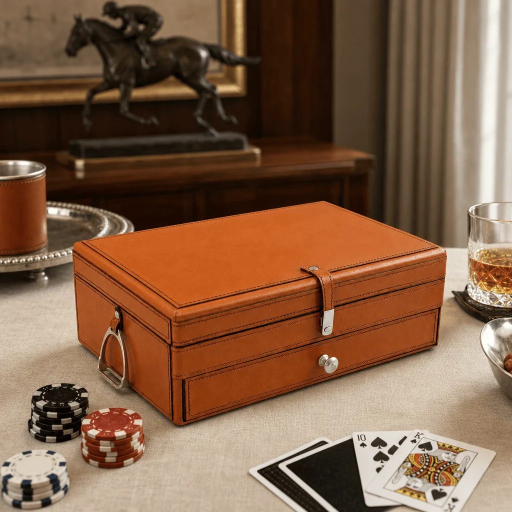 A rectangular brown leather storage box with a front drawer and metal latch, placed on a tabletop in a styled interior setting with cards, chips, and glasses nearby.