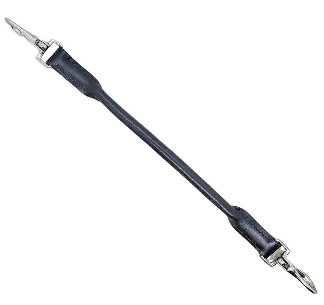 A dark navy blue leather strap with silver-tone metal hardware, including a swivel snap hook on one end and a buckle with a snap hook on the other, shown against a plain white background.