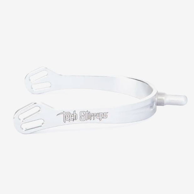 Silver riding spurs shown on a plain white background.
