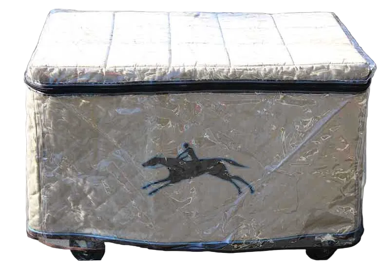Clear storage box with a horse and rider graphic on a gray background