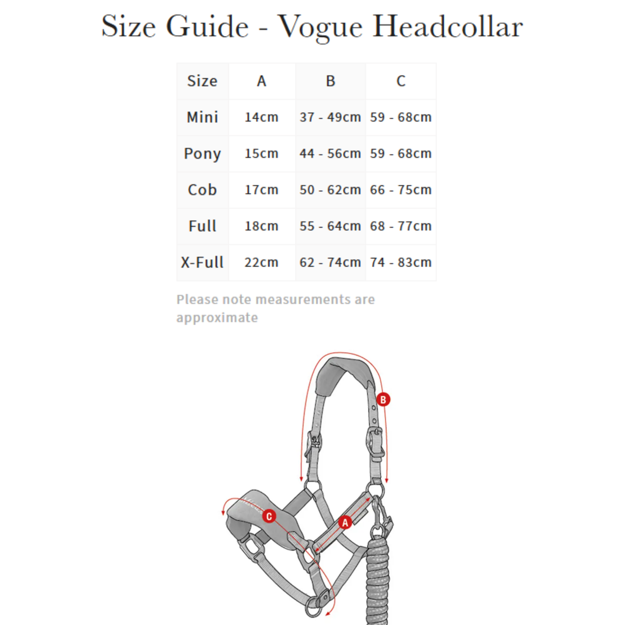 Size guide for a Vogue headcollar with measurements in centimeters.