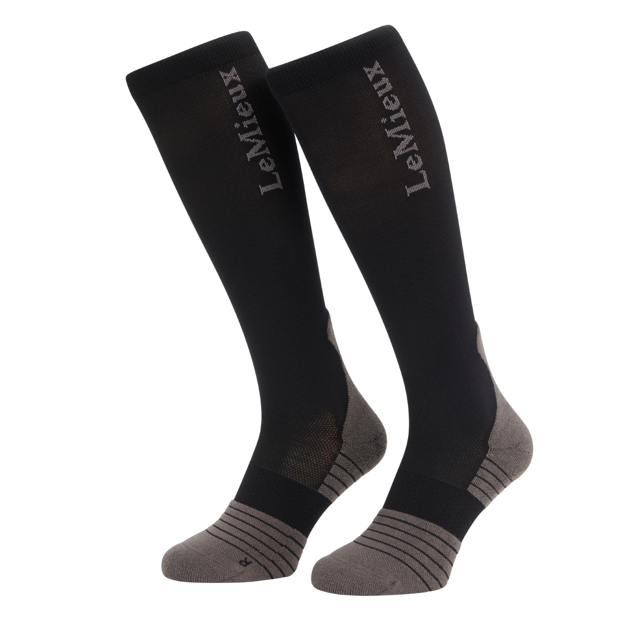 Black knee-high socks with gray accents and branding on a white background