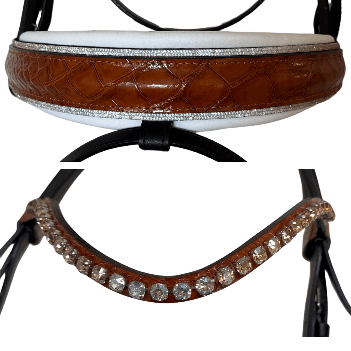 Otto Schumacher Elegant Snaffle Bridle with Patent Croco in Cognac with Topaz Fineline