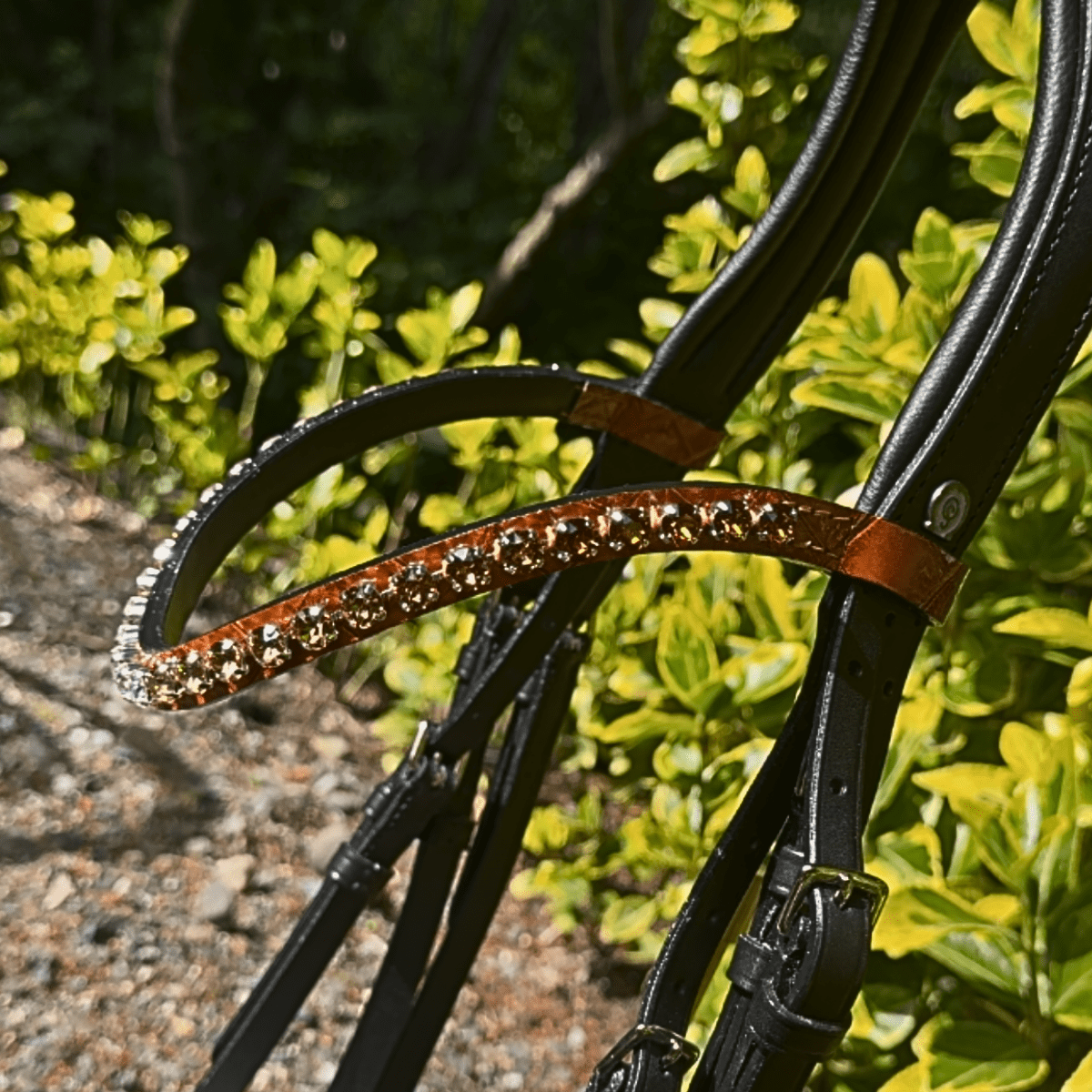 Otto Schumacher Elegant Snaffle Bridle with Patent Croco in Cognac with Topaz Fineline