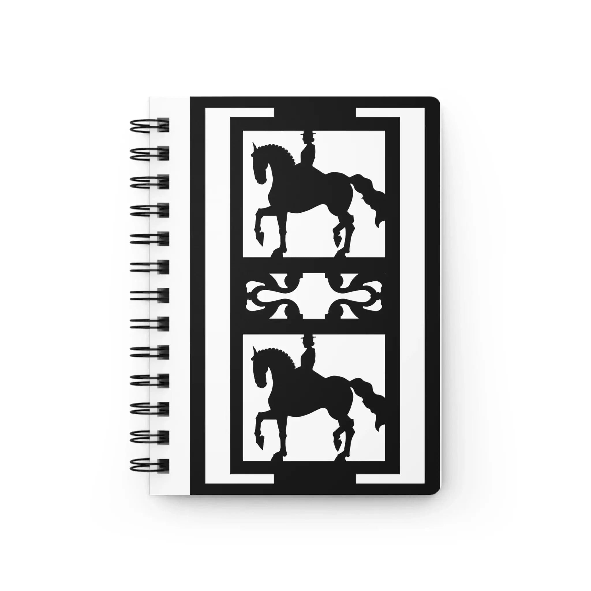 Notebook with horse and rider design on a white background