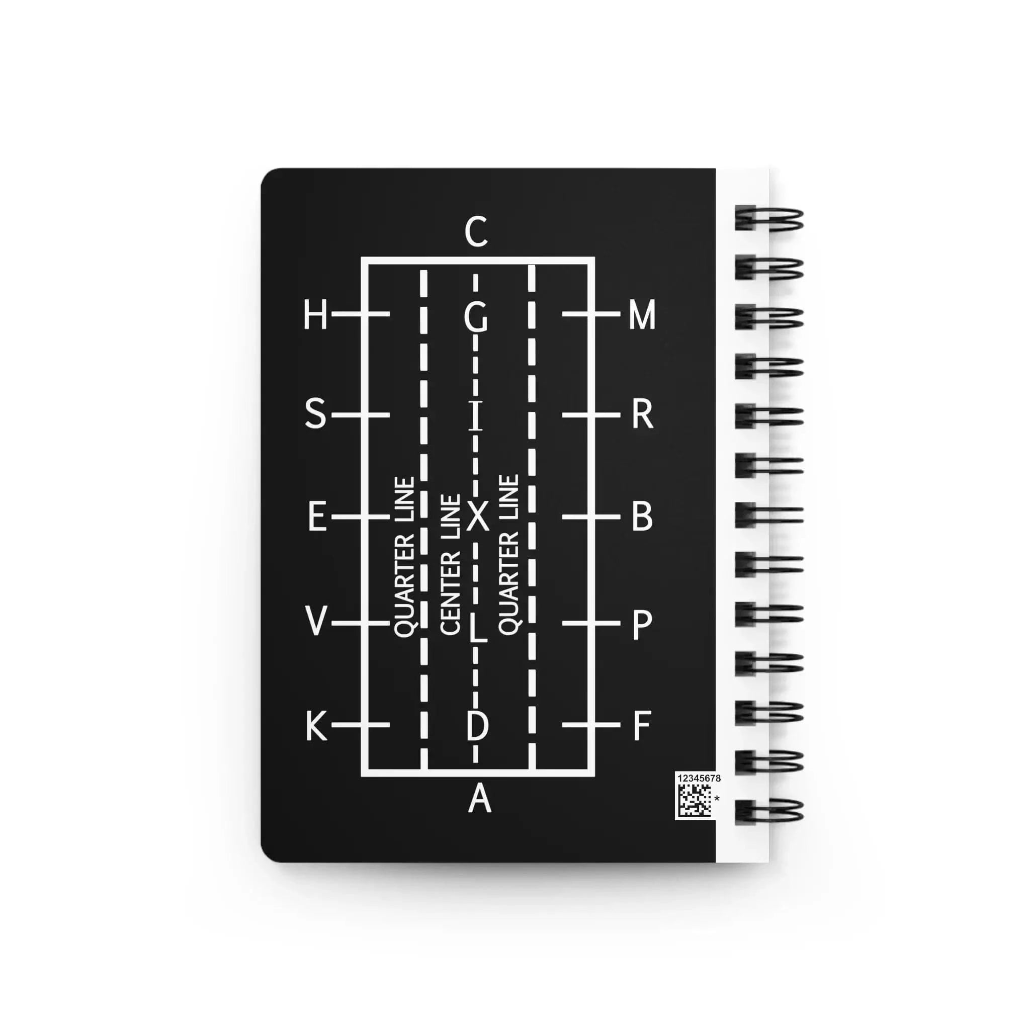 Black notebook with white line diagram and text on a white background
