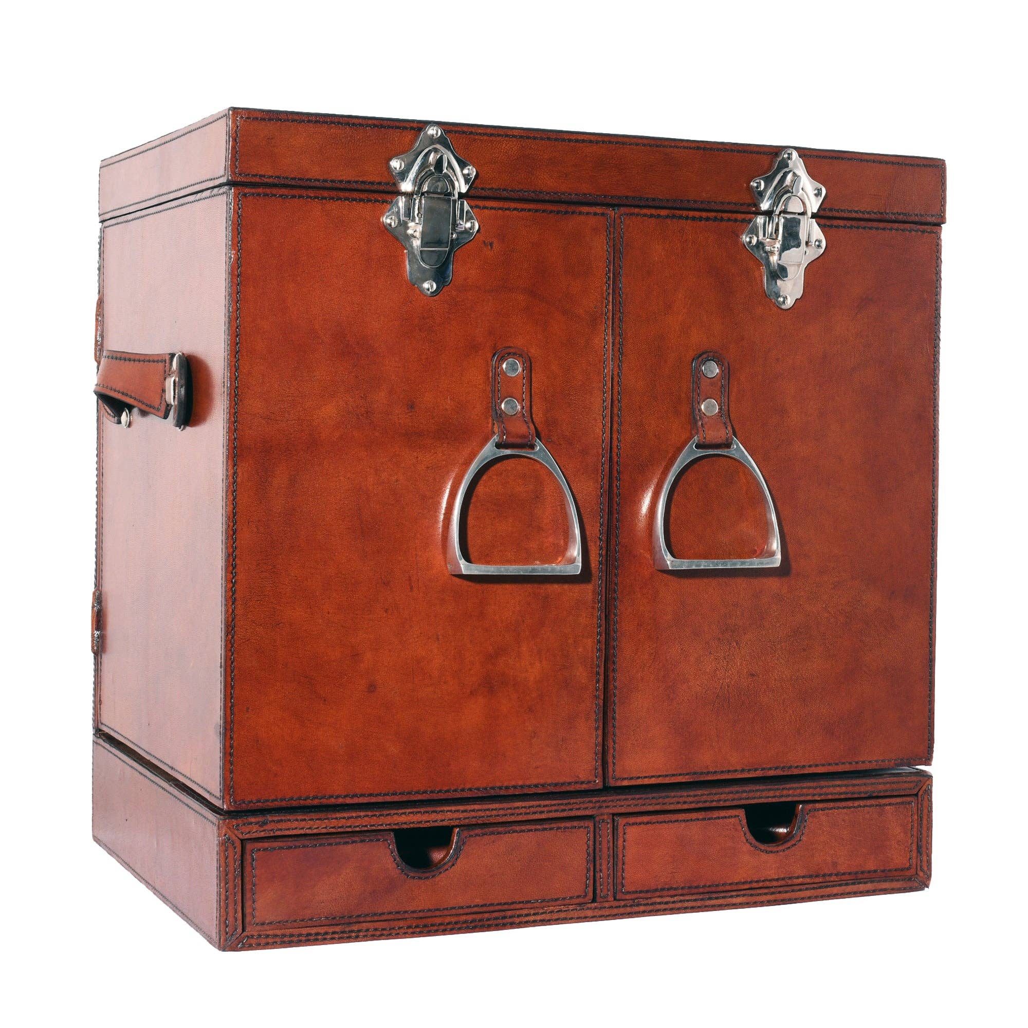 Brown leather trunk with silver hardware on a white background