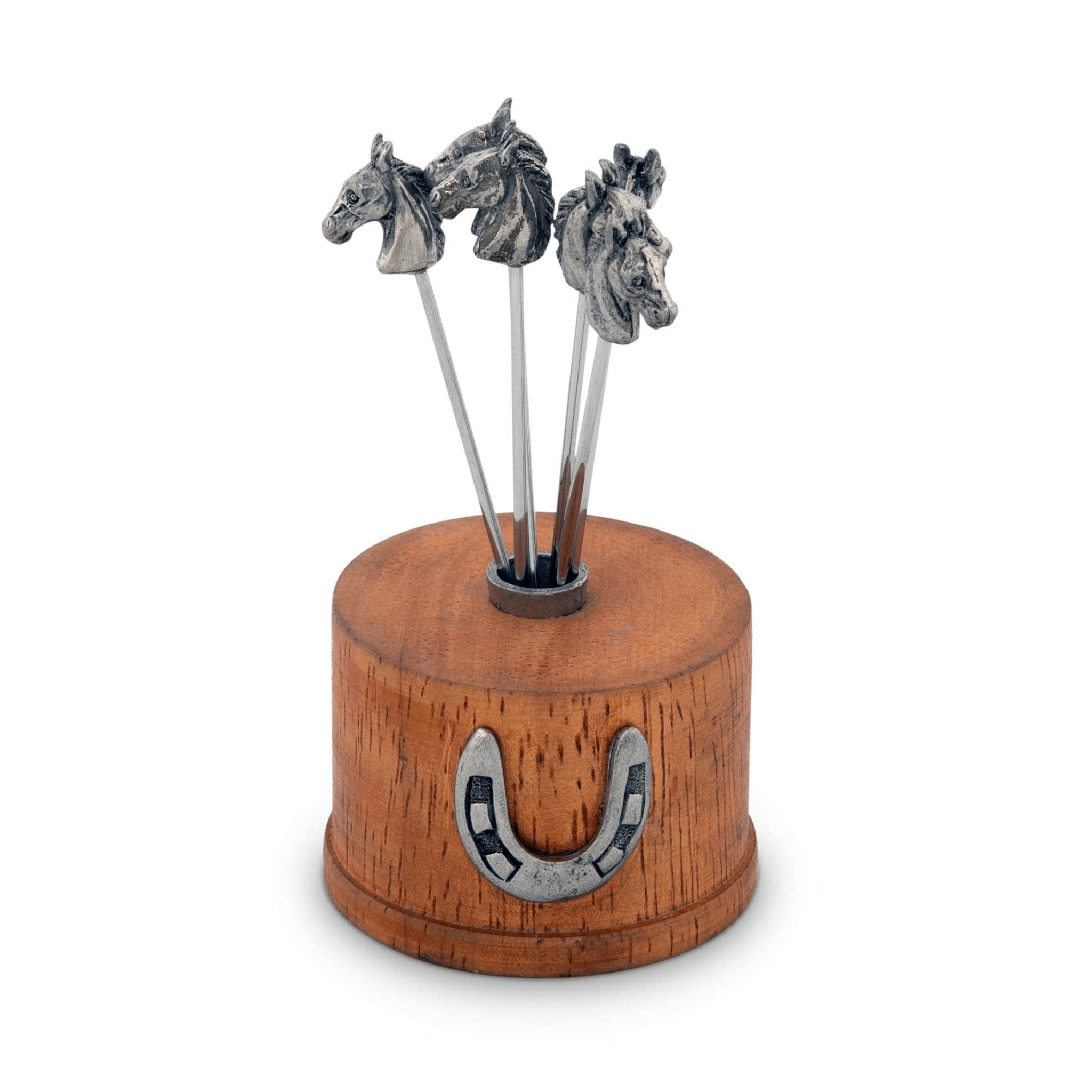 Wooden toothpick holder with metal horse figures on a white background