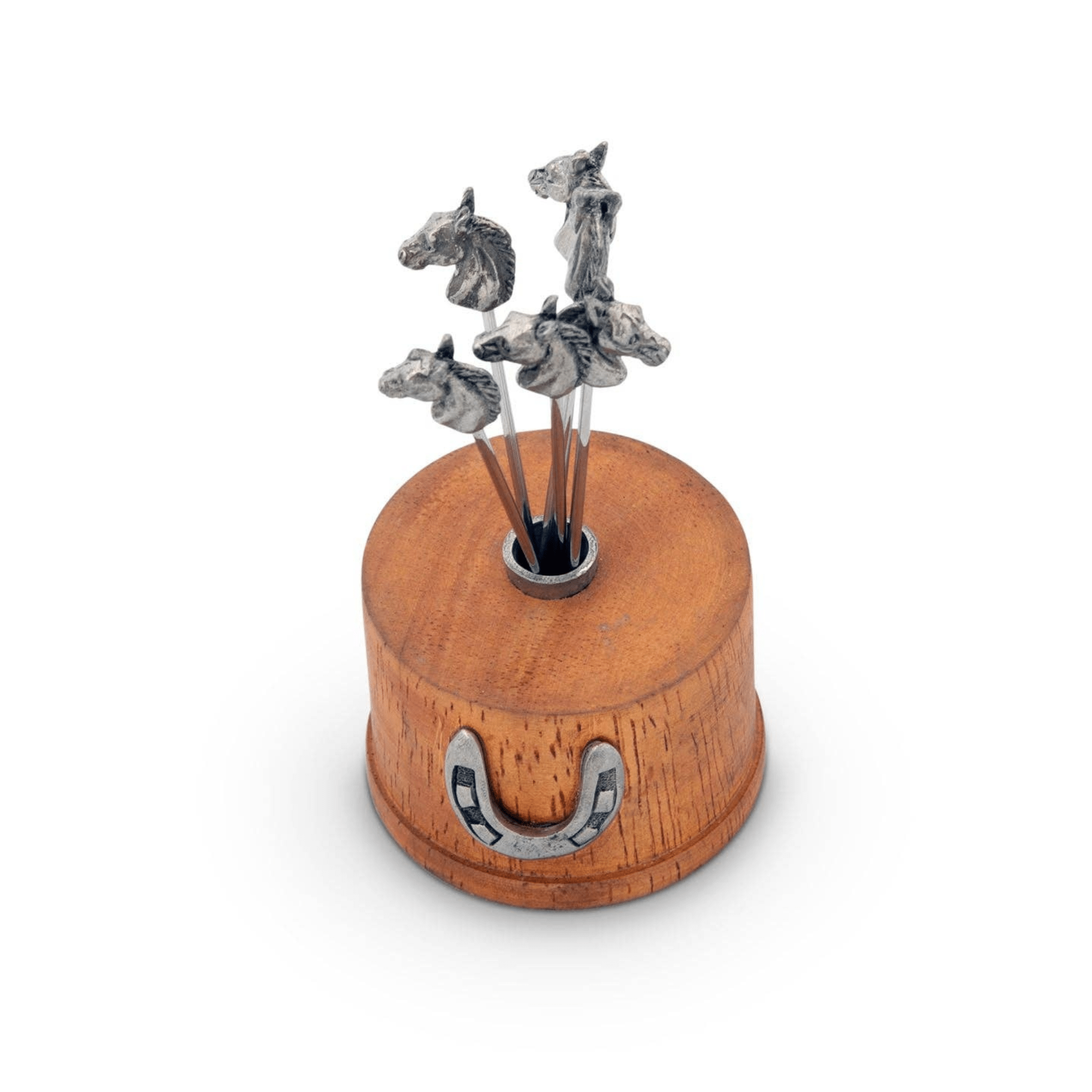 Wooden holder with metal horse figures on a white background