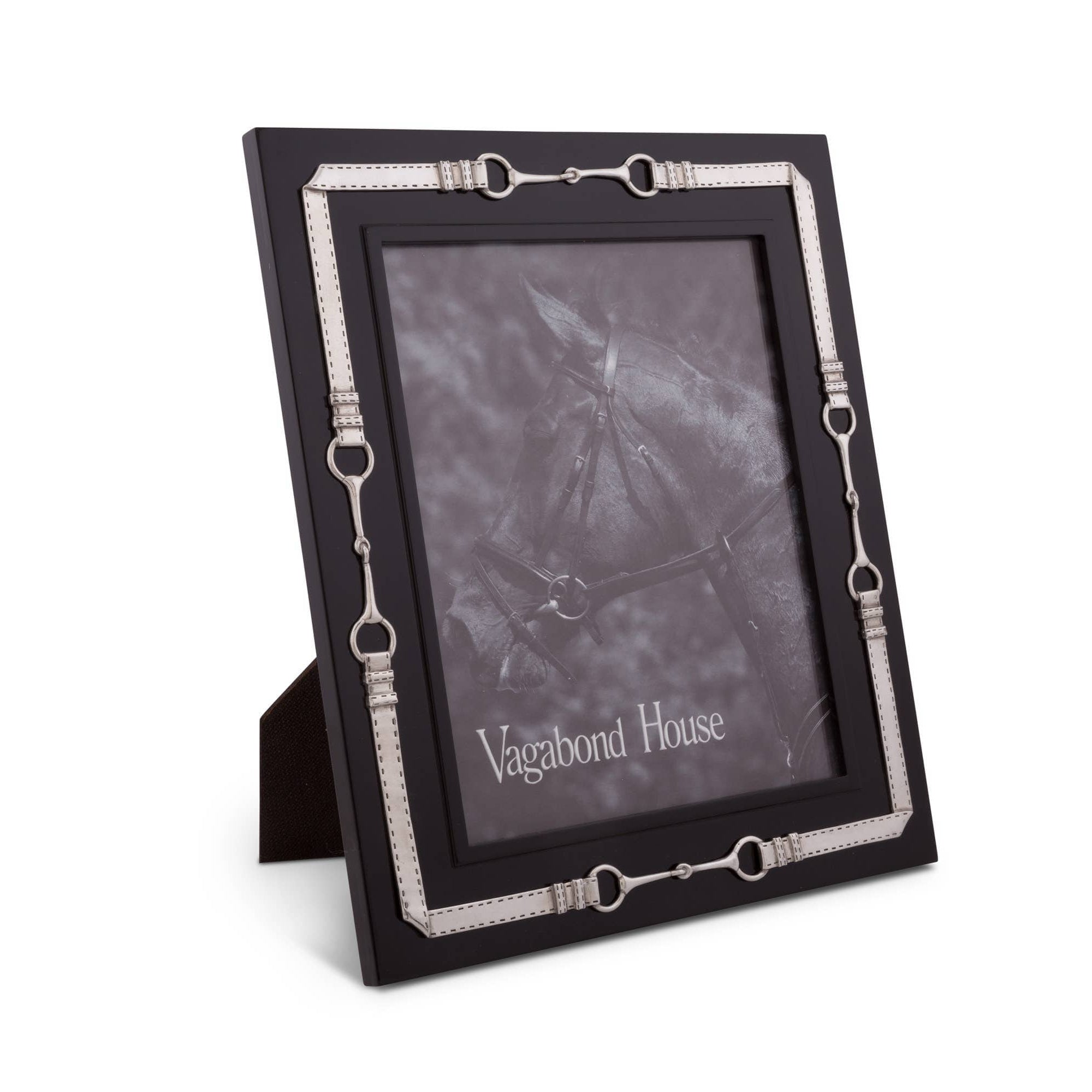 Black photo frame with silver horse bit accents on a white background
