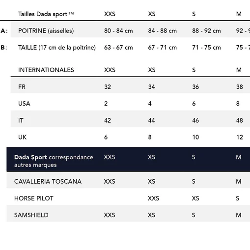 A size measurement chart for DADA