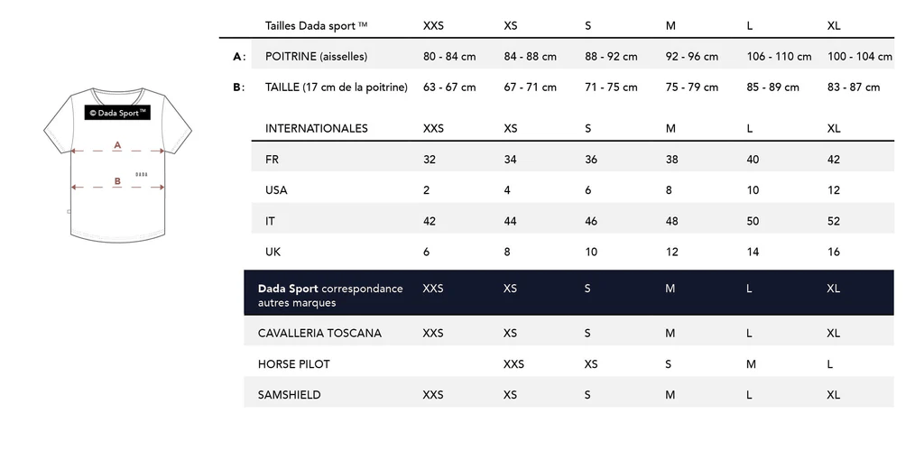 DADA Sport Betty ML Technical Riding T-Shirt Size chart
