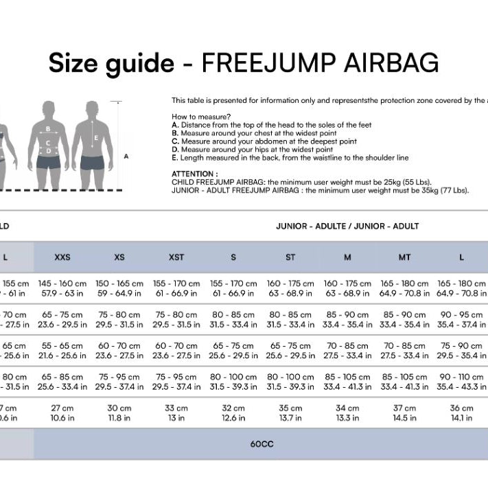 Freejump Airbag Size Chart