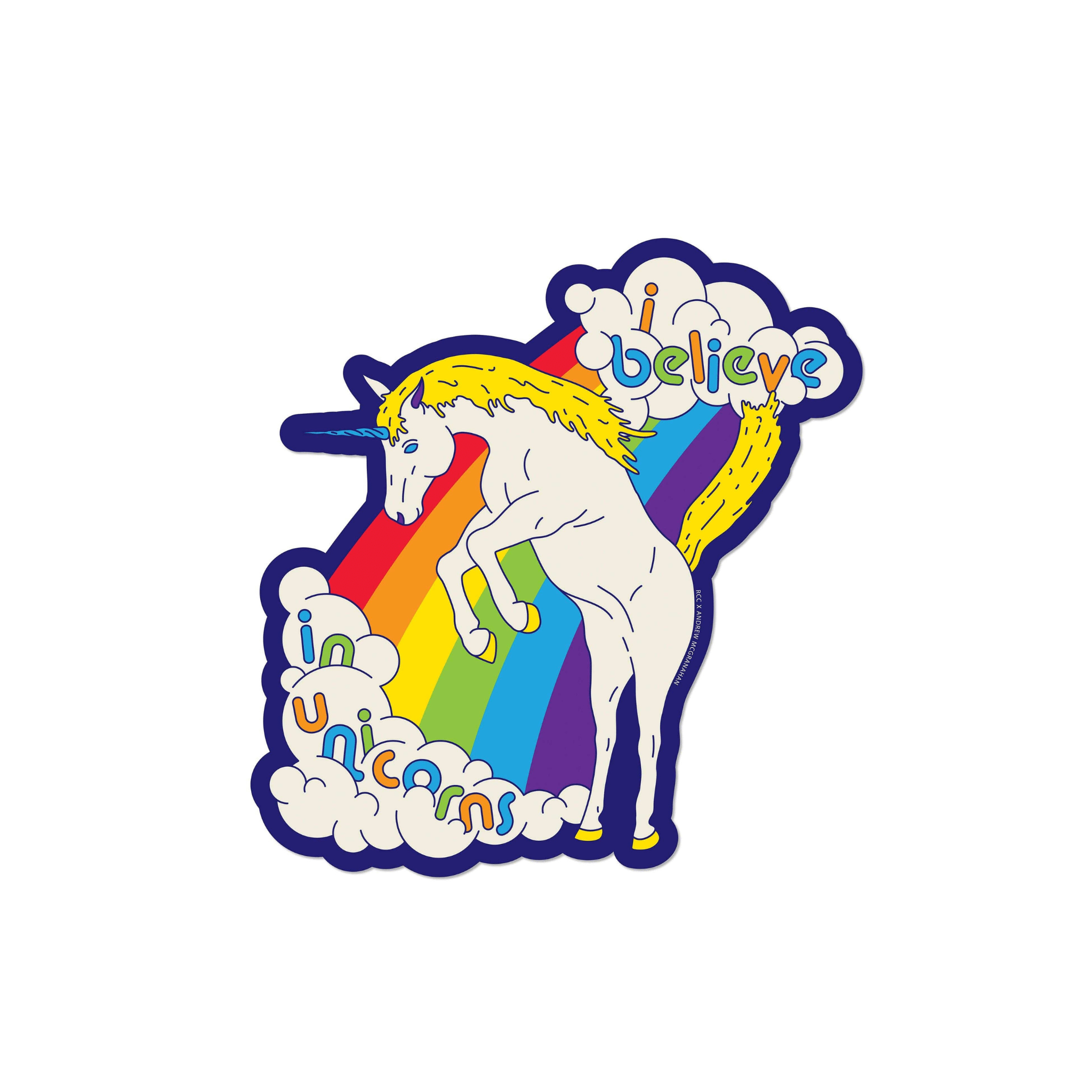 Sticker with a unicorn, rainbow, and 'i believe in unicorns' text on a white background