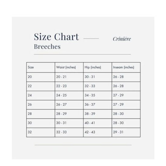 Criniere Breeches size chart