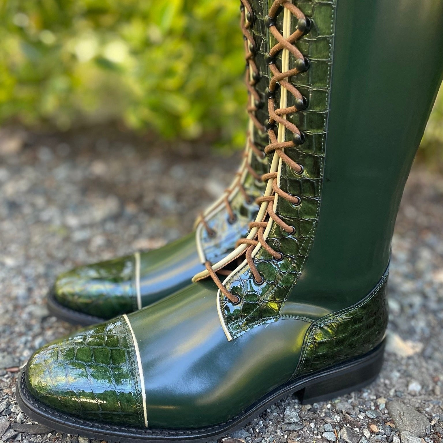 DeNiro Tintoretto Dressage Boot - Brushed Green with Rondine Lucidi Venato Bosco & Polo Strap