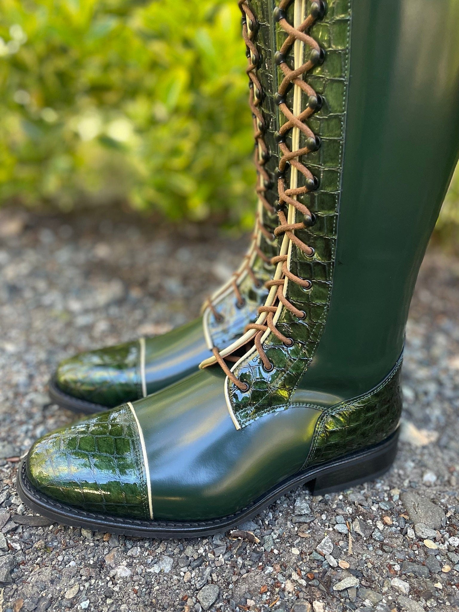 DeNiro Tintoretto Dressage Boot - Brushed Green with Rondine Lucidi Venato Bosco & Polo Strap