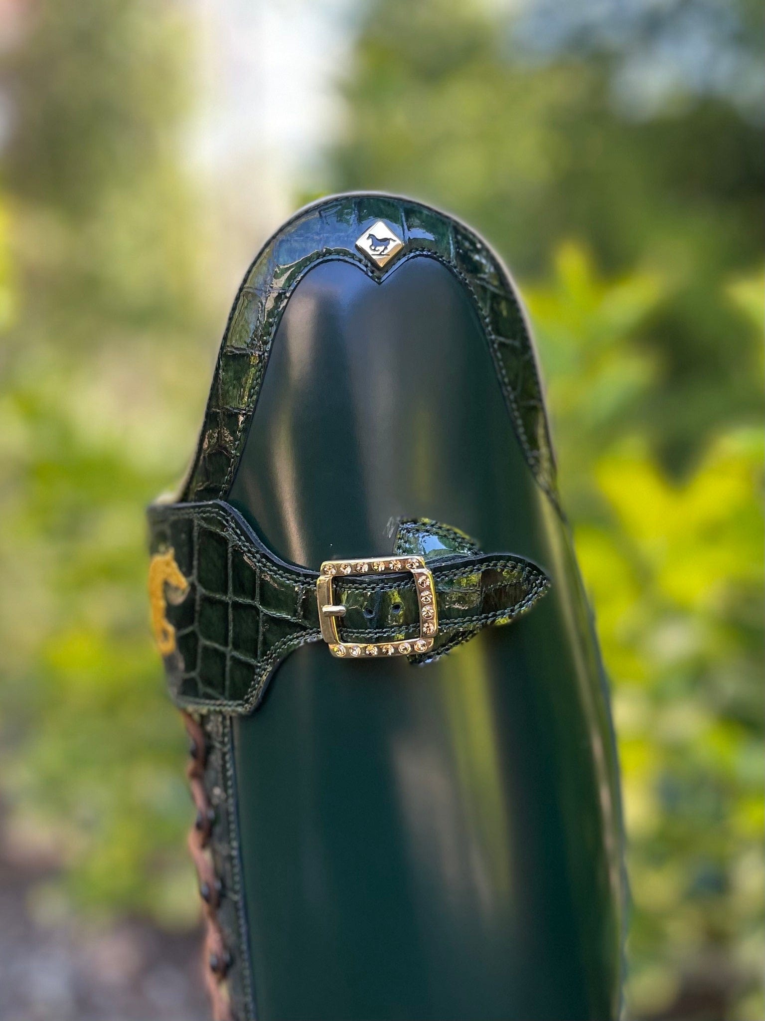 DeNiro Tintoretto Dressage Boot - Brushed Green with Rondine Lucidi Venato Bosco & Polo Strap