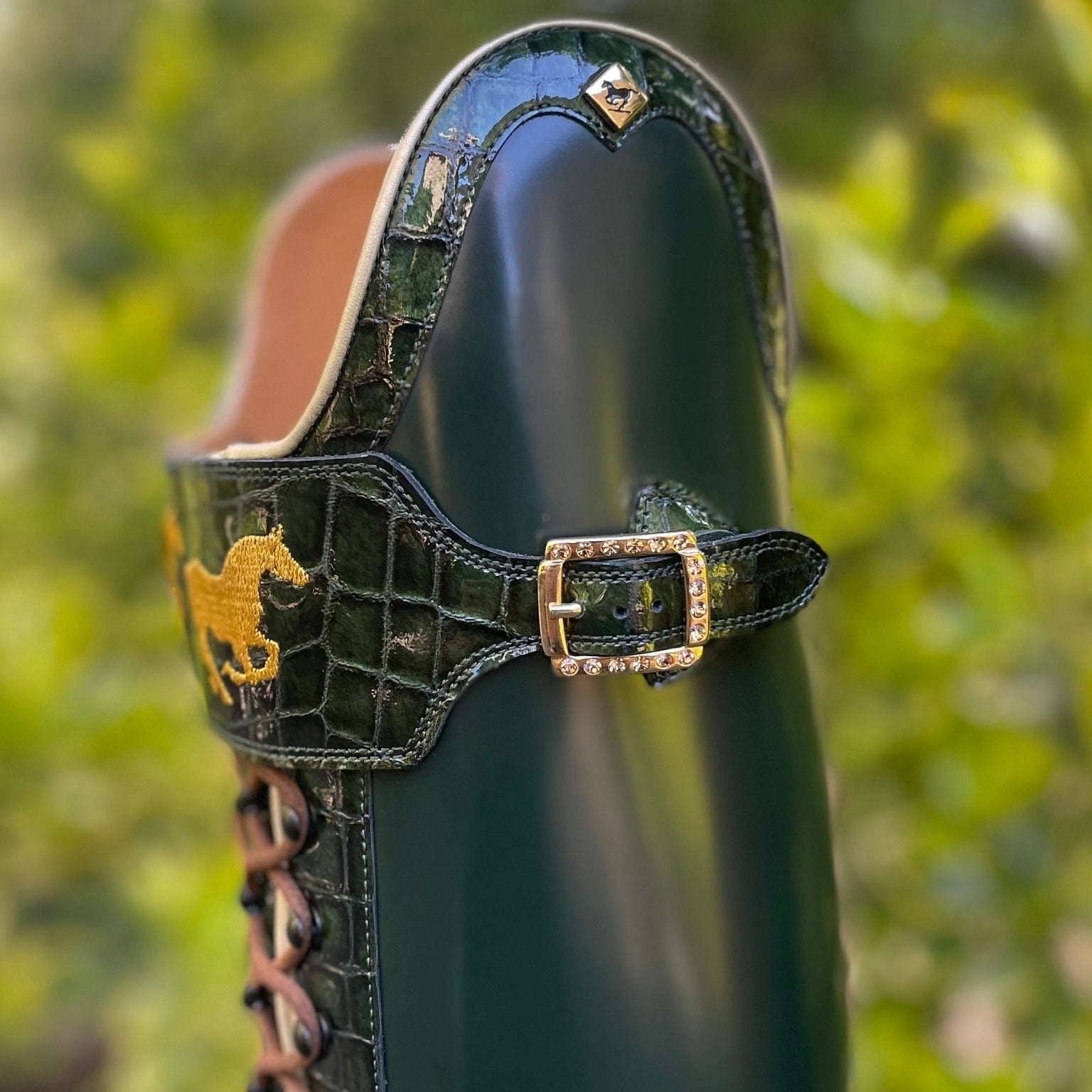 DeNiro Tintoretto Dressage Boot - Brushed Green with Rondine Lucidi Venato Bosco & Polo Strap