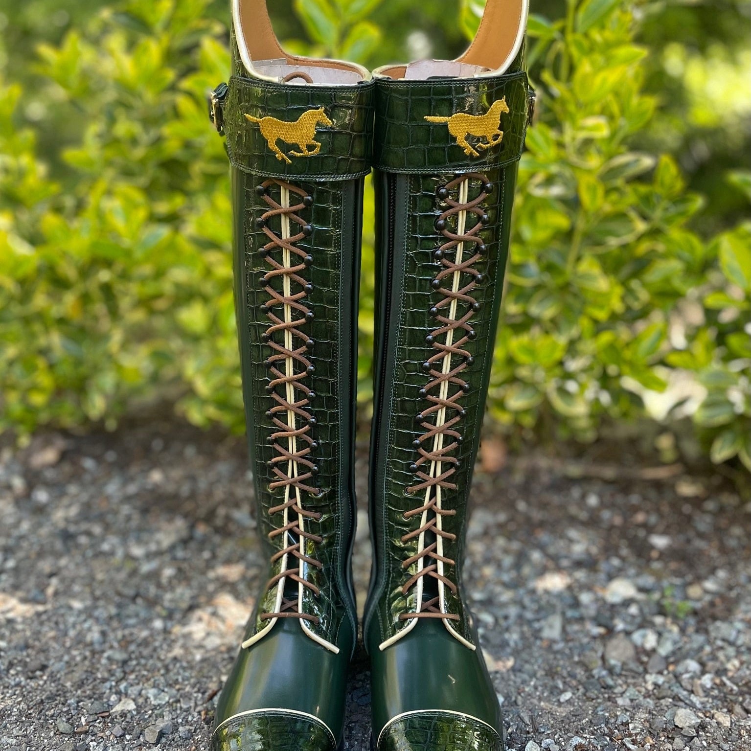 DeNiro Tintoretto Dressage Boot - Brushed Green with Rondine Lucidi Venato Bosco & Polo Strap