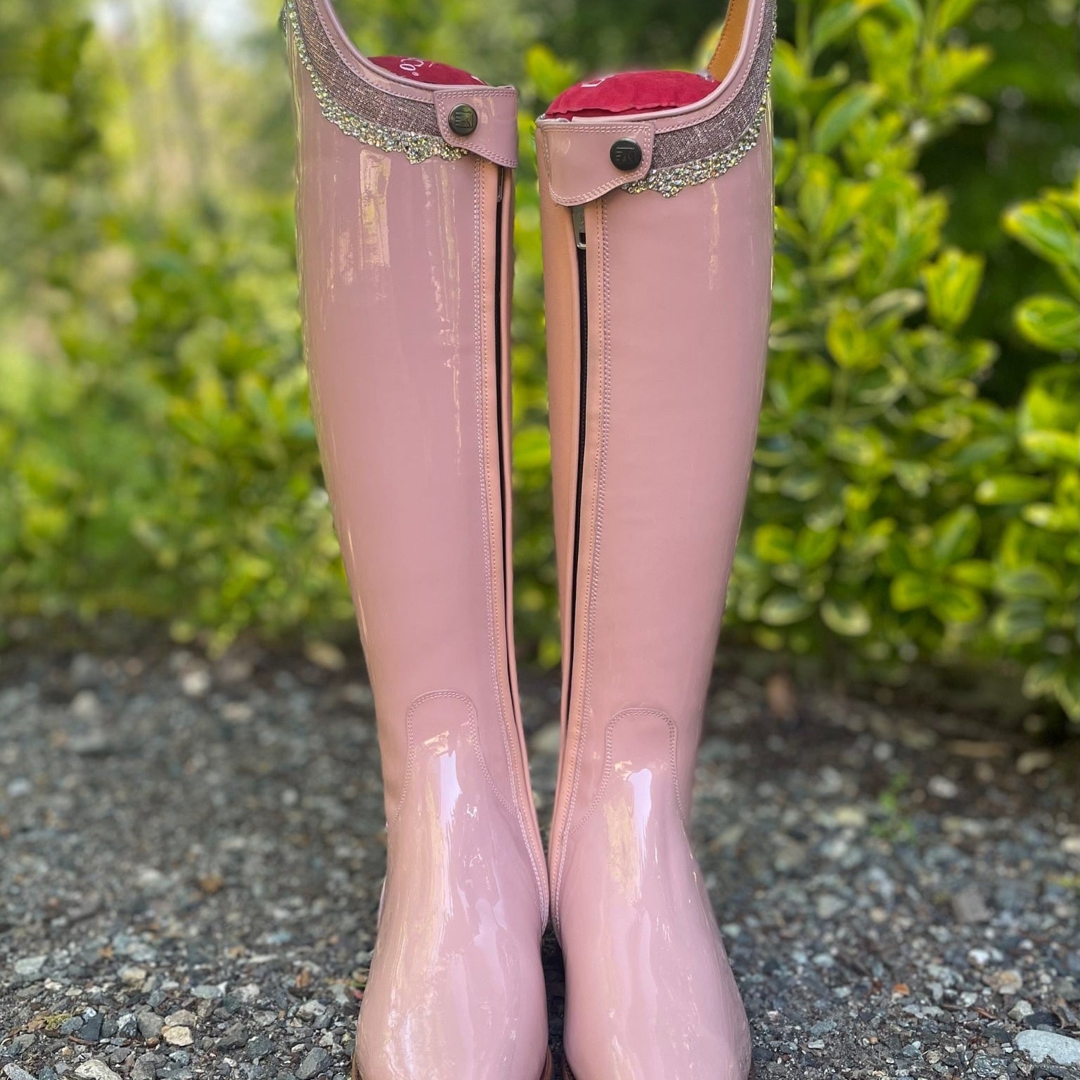 DeNiro Bellini Dressage Boot - Patent Glicine with Rondine Iride Pink & Swarovski Collier