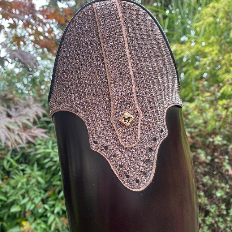 Custom DeNiro Winter Bellini Dressage Boot- Brushed Brown with Iride Pink America Top close up