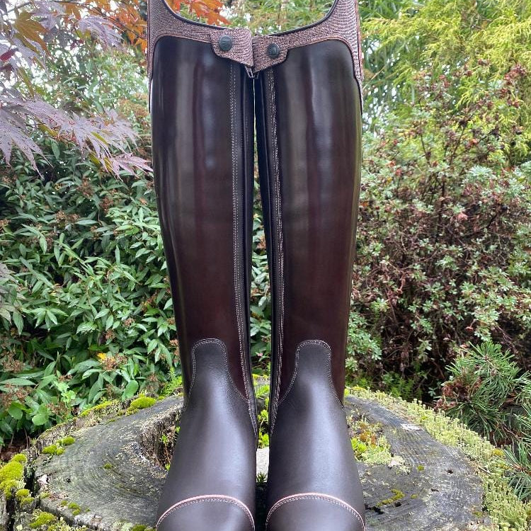 Custom DeNiro Winter Bellini Dressage Boot- Brushed Brown with Iride Pink America Top front view
