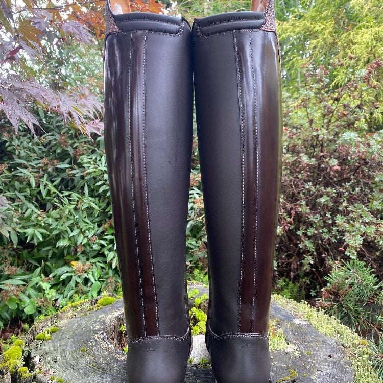 Custom DeNiro Winter Bellini Dressage Boot- Brushed Brown with Iride Pink America Top rear view