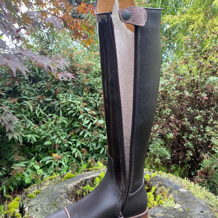 Custom DeNiro Winter Bellini Dressage Boot- Brushed Brown with Iride Pink America Top unzipped showing lambskin lining