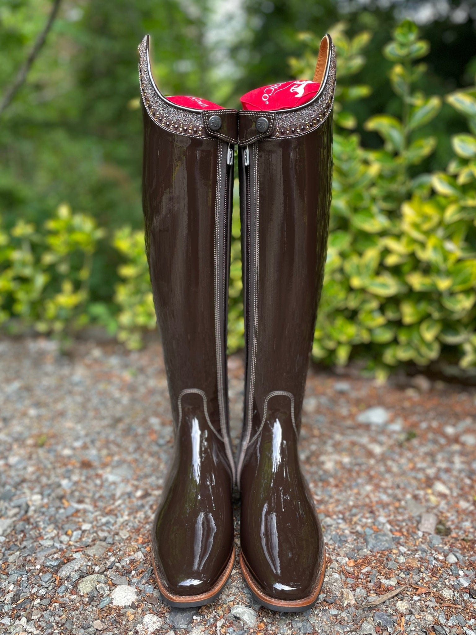 DeNiro Bellini Dressage Boot - Patent Moka with Swarovski Fabric Rondine