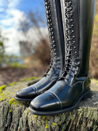 Custom DeNiro Tintoretto Dressage Boot - Brushed Black with Patent and Swarovski Rondine Top