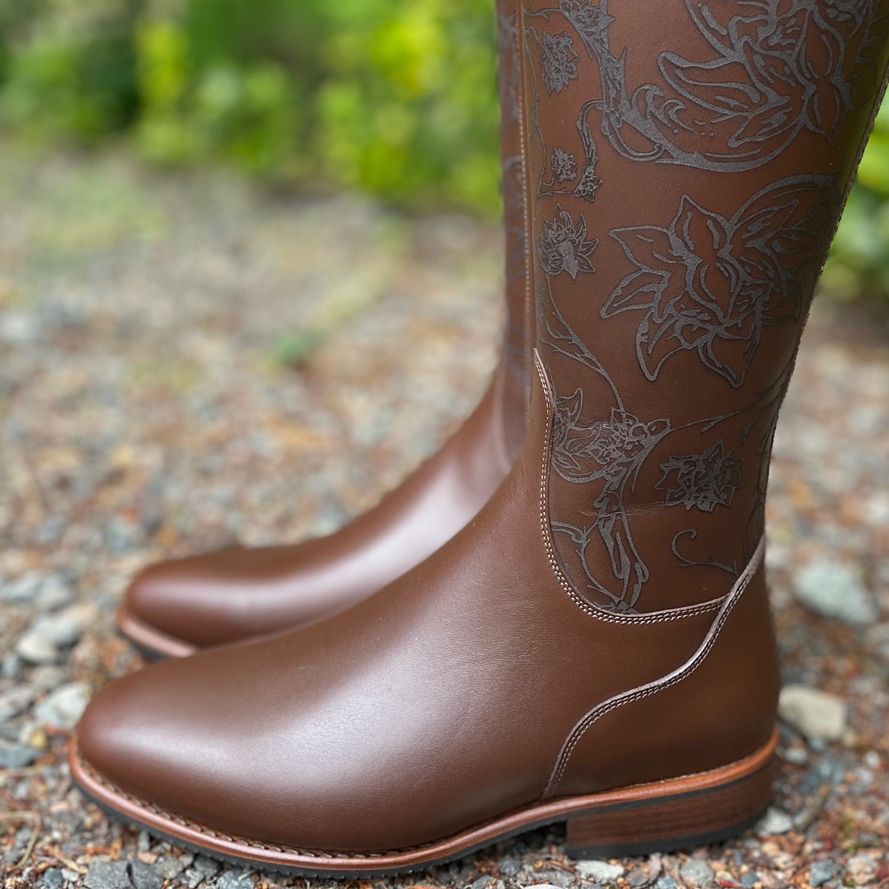 DeNiro Bellini Dressage Boot - WRAT Brown 527 with Floral Etched Calf & Corten Emblem