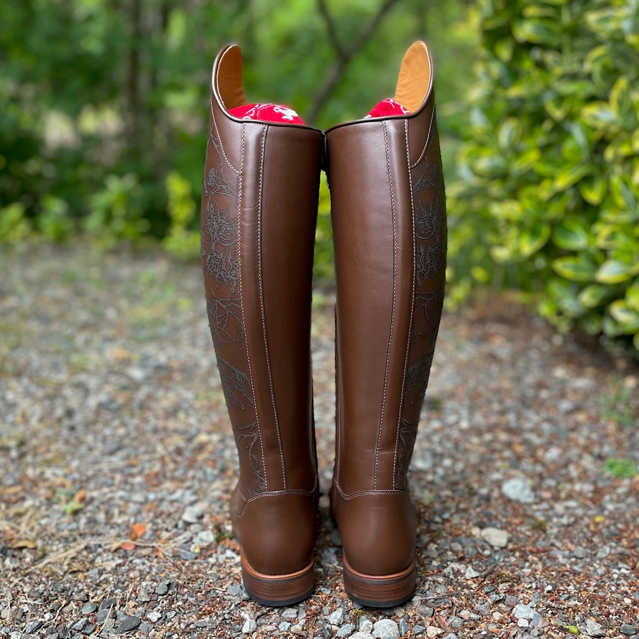 DeNiro Bellini Dressage Boot - WRAT Brown 527 with Floral Etched Calf & Corten Emblem