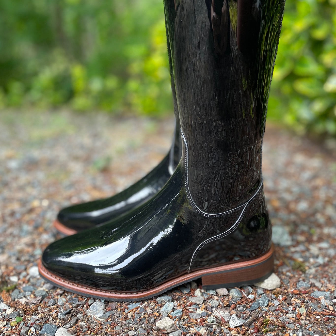 DeNiro Bellini Dressage Boot - Patent Black with Mica Regal, Big Strap, & Hematite Swarovski Fineline