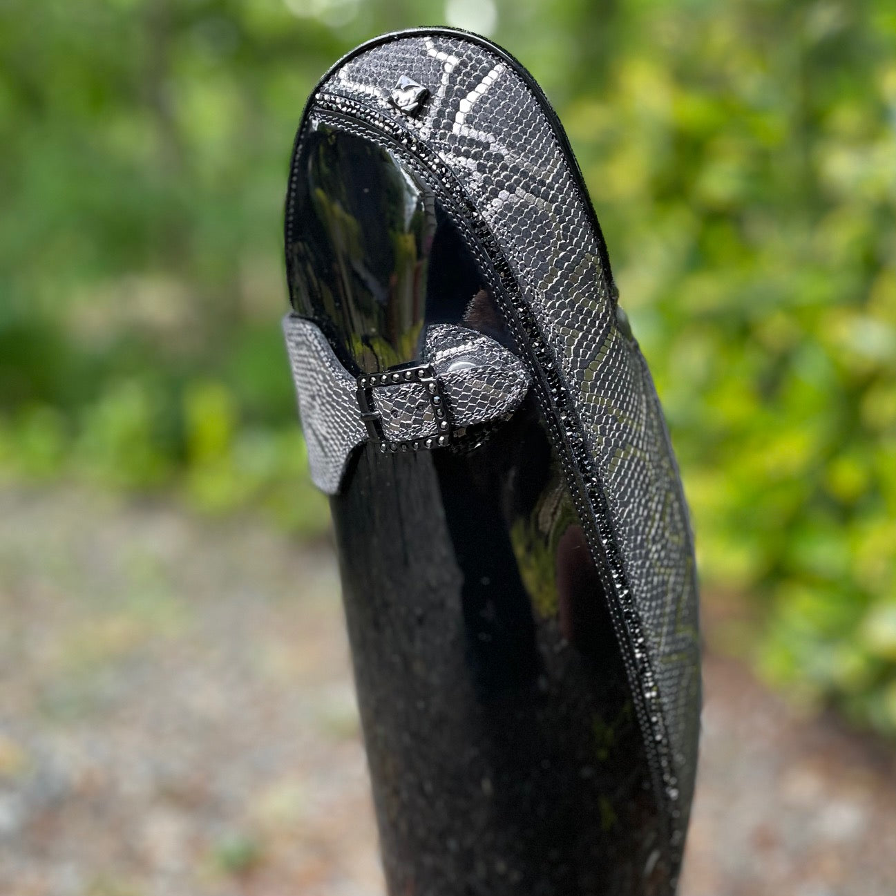 DeNiro Bellini Dressage Boot - Patent Black with Mica Regal, Big Strap, & Hematite Swarovski Fineline