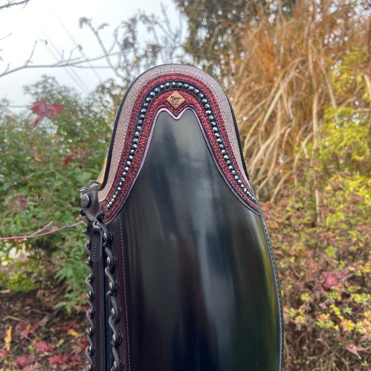 Custom DeNiro Tintoretto Dressage Boot - Brushed Black with Glitter Pink Rondine, BG Bordeaux, & Swarovski