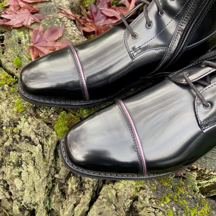 Custom DeNiro Tintoretto Dressage Boot - Brushed Black with Glitter Pink Rondine, BG Bordeaux, & Swarovski