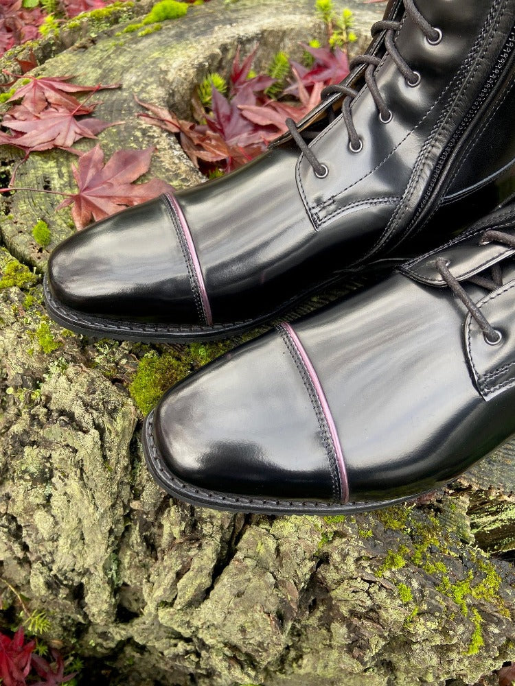 Custom DeNiro Tintoretto Dressage Boot - Brushed Black with Glitter Pink Rondine, BG Bordeaux, & Swarovski